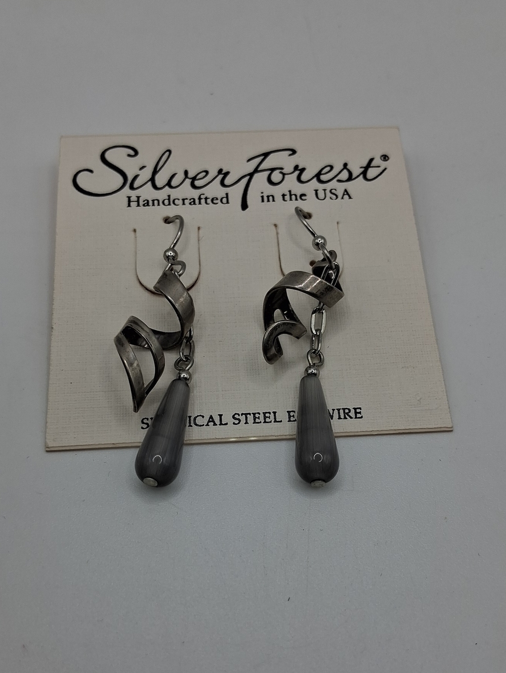 Silver Forest Gunmetal Spiral Drop Earrings with Gray Teardrops